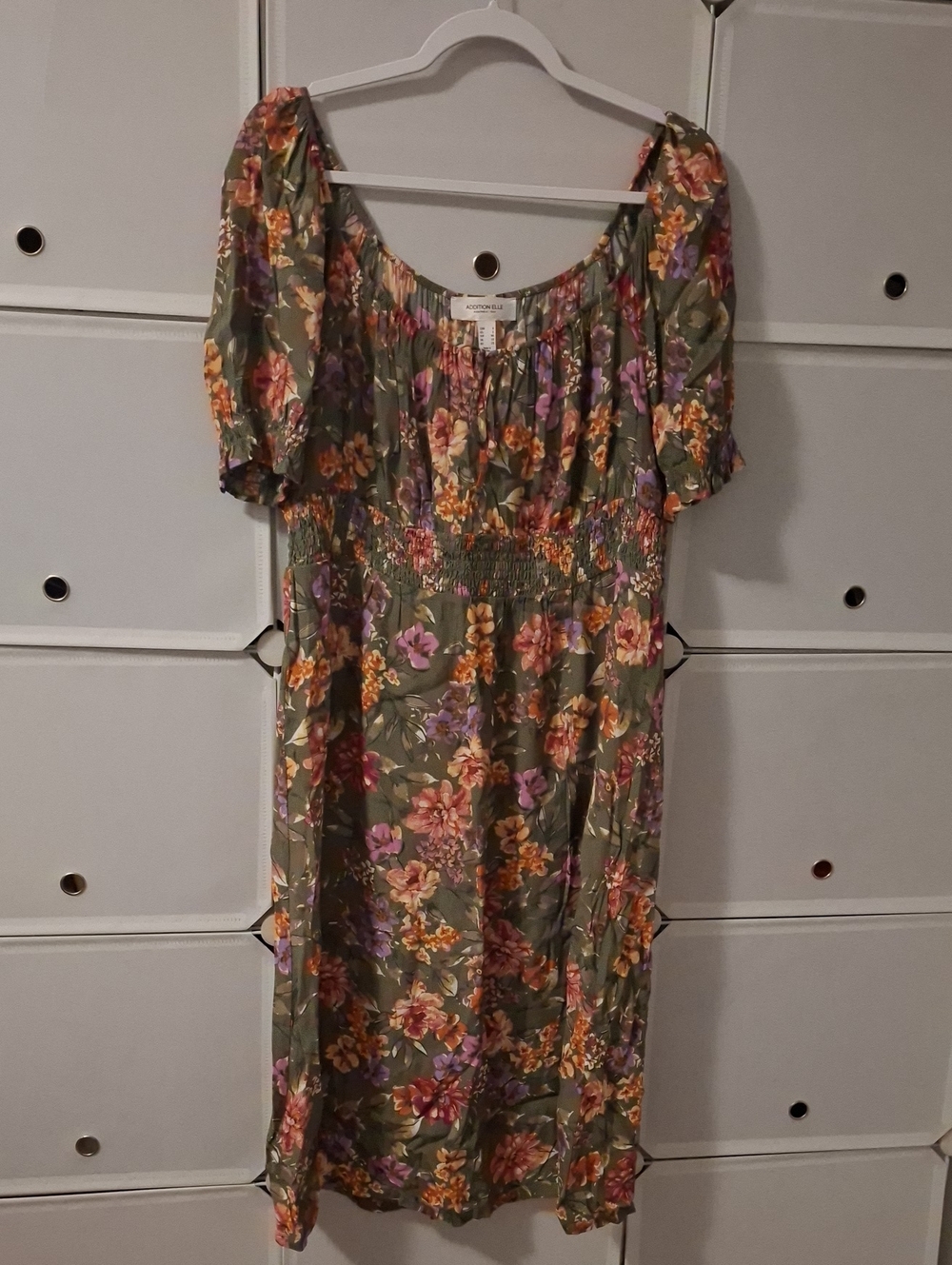 Addition Elle Olive Green Floral Midi Dress with Smocked Waist